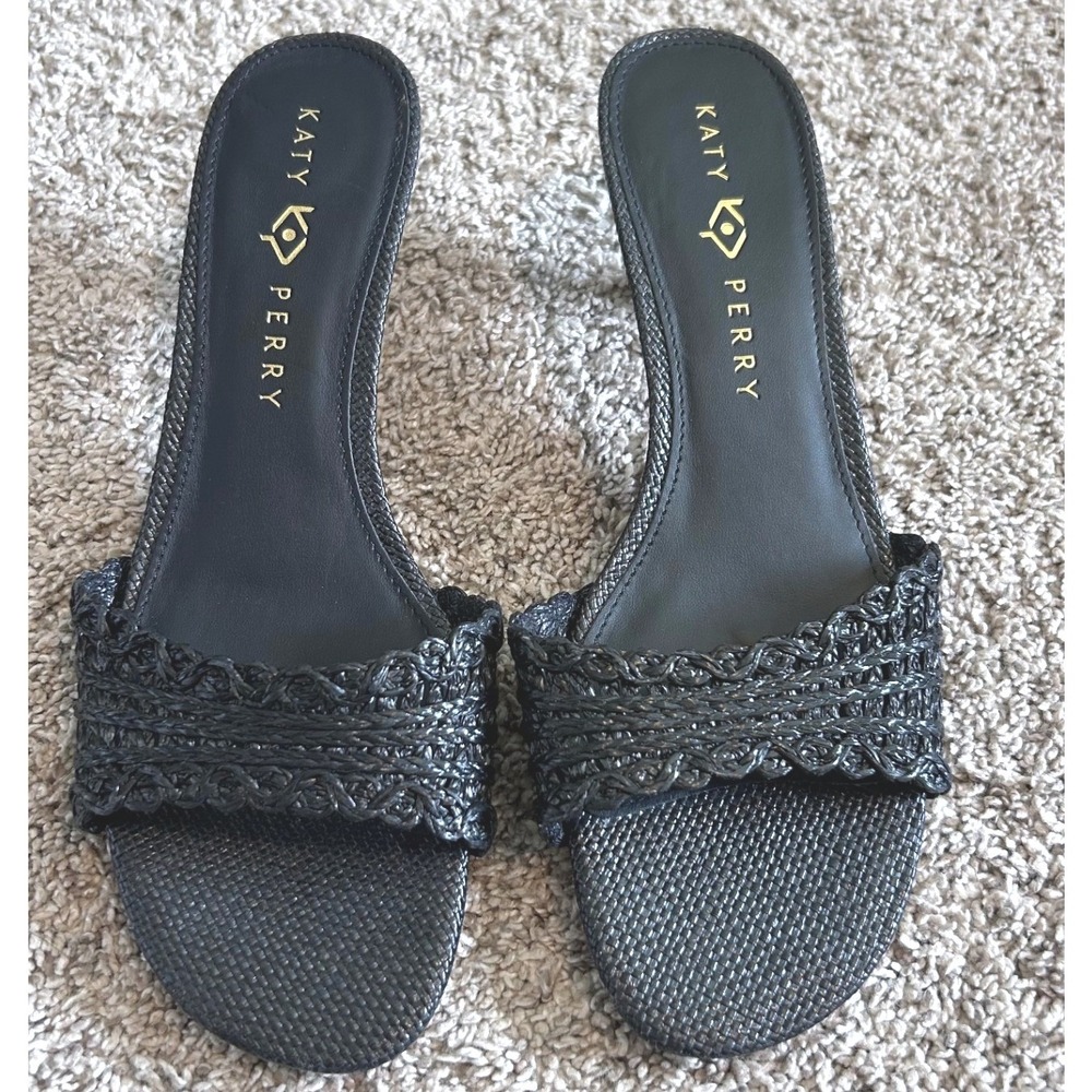 Katy Perry The Flouwerwoven Scandi Black Braided Kitten Heel Sandals SZ 10M